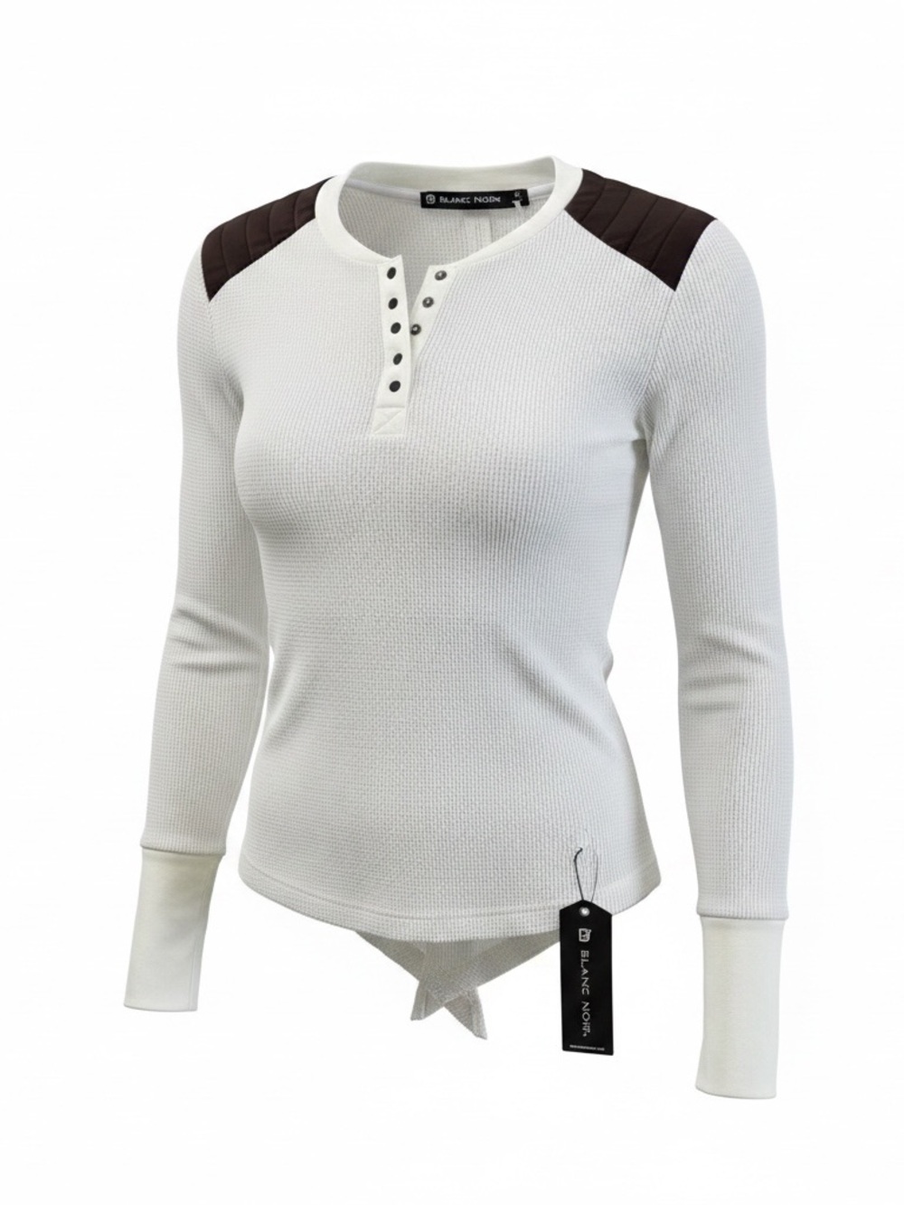 blanc noir White Waffle Knit Henley with Black Snap Accents